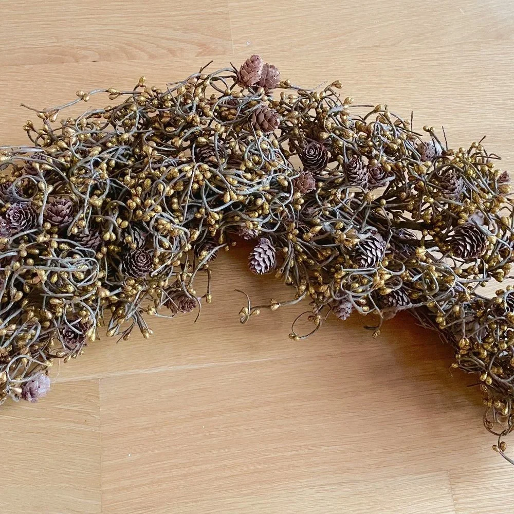 Anthropologie Gold Glittered Garland Wreath with Pinecones Christmas Tree Trim